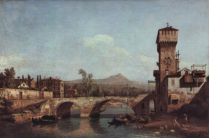 Bernardo Bellotto Capriccio Veneto, Flub, Brucke und mittelalterliches Stadttor Germany oil painting art